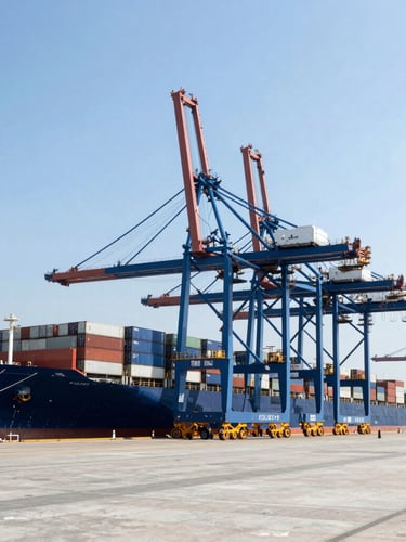 Wide-angle crisp commercial photography of a modern container port, bright clean daylight, cool blue tones, towering container cranes, cargo ship docked