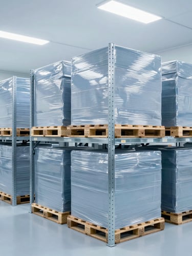 A pristine modern cold-storage facility with clean steel racks holding neatly stacked pallets, bright industrial lighting, cool blue tones, sharp focus.