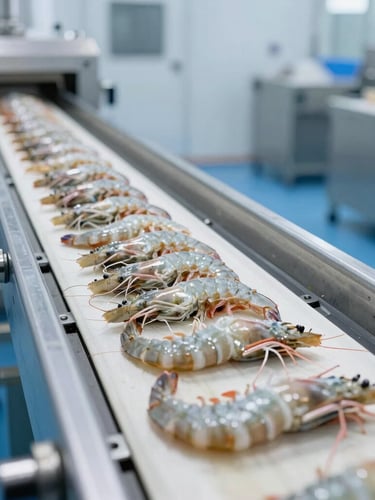 Pristine commercial frozen seafood processing facility, clean-room environment, fresh frozen prawns on a conveyor belt, bright cool daylight, clinical focus