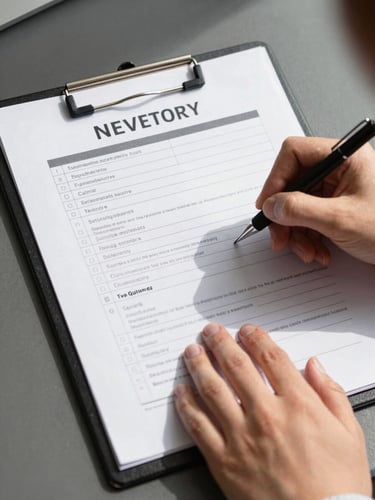 A professional clipboard with an active inventory checklist and a formal contract being signed, clean hands, bright natural daylight.