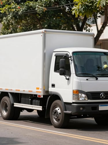 Lateral de um caminhão baú pequeno VUC limpo estacionado em rua ensolarada de Fortaleza, equipe uniformizada ao fundo
