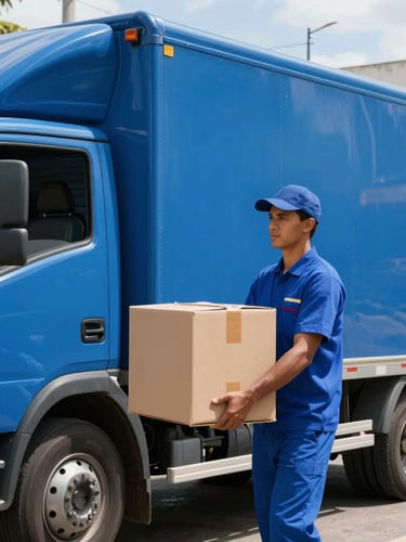Medium shot of a spotless blue box truck parked on a sunny street in Fortaleza, with a professional mover in a clean matching uniform carrying a carefully wrapped box.