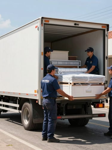 Medium-wide shot of a spotless white box truck parked on a sunny street in Fortaleza, professional uniformed staff loading neatly wrapped furniture, bright daylight, clean composition.