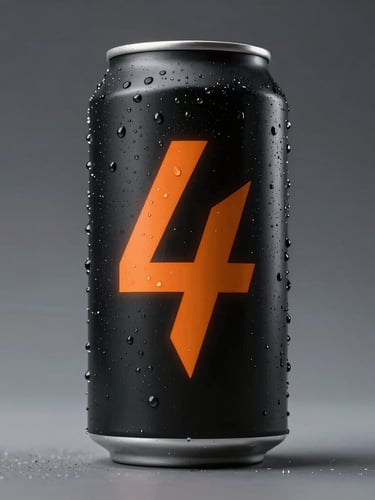 Low-angle heroic shot of a single matte-black beverage can with high-intensity electric orange geometric graphics, condensation beads, dramatic studio lighting