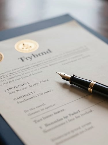 Close-up of official legal documents with refined typography, elegant seals, vintage fountain pen on heavy paper, soft diffused window light, deep navy shadows