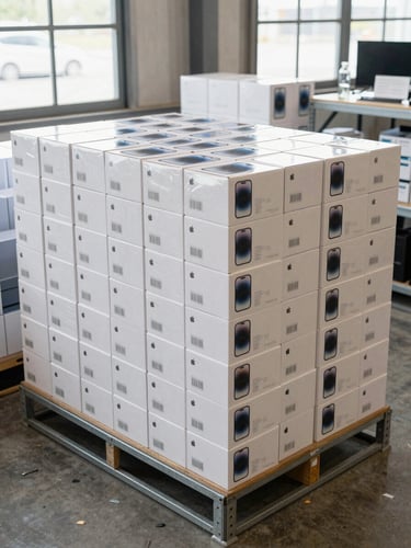 Wide shot from slightly above, sealed Apple iPhone and Samsung Galaxy retail boxes stacked in precise columns on metal warehouse shelving, clean daylight from high industrial windows illuminating product seals and barcodes, neutral concrete floor visible at base, no people, no lifestyle elements