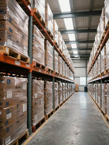 Wide panoramic view inside a large distribution warehouse, sealed product cartons stacked on industrial shelving units to the left third, clean daylight flooding through high windows illuminating the aisle, overhead perspective showing orderly inventory rows receding into depth