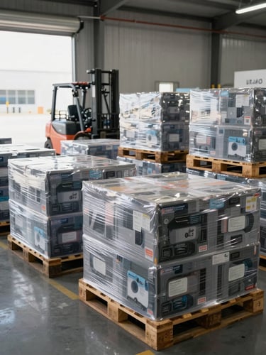 Wide environmental shot inside a UAE free zone logistics facility, rows of sealed tech product pallets wrapped in clear plastic stretch film, forklift visible in the background, clean daylight through large warehouse doors on the left edge of frame