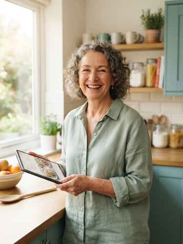 Warm editorial portrait of a smiling 65-year-old woman holding a tablet in her bright kitchen, morning light, soft teal accent