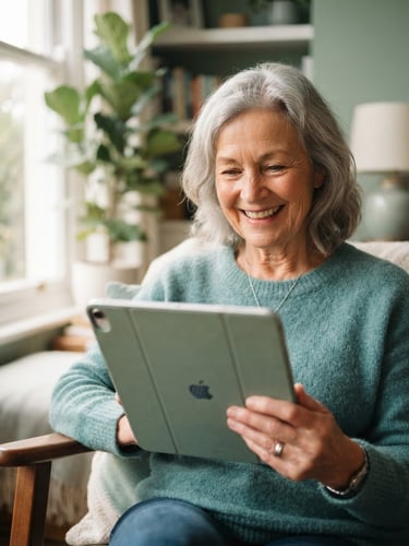 Warm editorial photography of an active older woman smiling as she looks at a tablet screen, soft natural morning light, gentle teal and sage tones, shallow depth of field, 35mm