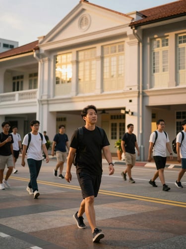 Wide environmental shot of Victor Tan guiding a specialized tour outdoors, golden-hour light reflecting on historic Singapore architecture, candid expression, active movement.