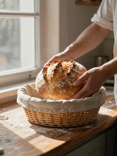 Hands lifting a golden loaf of bread from a linen-lined basket on a worn wooden counter, natural north-facing daylight from a high window, flour dust visible in the air, no styling, raw working moment