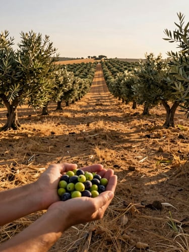 Wide environmental shot of golden-hour Alentejo farmland, rows of olive trees stretching to the horizon, a pair of hands holding freshly harvested olives in the foreground left, warm late-afternoon light casting long shadows across the dry earth