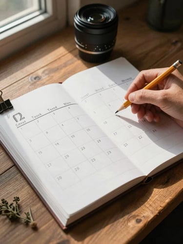 Close-up overhead of a hand-drawn content calendar spread open on a rough oak table, a pencil resting beside it, warm north-facing window light casting soft shadows across the paper, dried herbs pinned to the corner