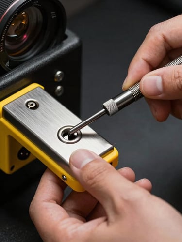 Close-up of professional locksmith hands using precision pick tools to unlock a high-security tetra cylinder lock, high-contrast lighting, safety yellow details