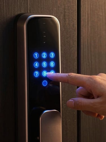 A sleek modern digital door lock glowing with a blue keypad light at night, a hand approaching to enter the code, high-contrast dark background with amber highlights.