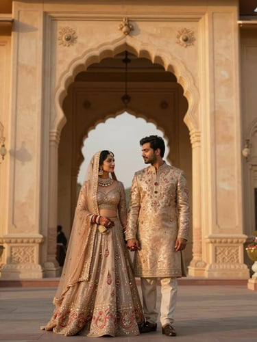 An elegant Indian couple in exquisite champagne couture, standing hand-in-hand under a grand palace archway, golden-hour rim lighting, warm ambient glow, 85mm cinematic photography.