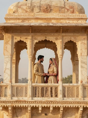Cinematic wedding photography of an Indian couple in exquisite champagne gold couture standing on a grand marble balcony of a Rajasthani palace at golden hour, soft warm lighting, 85mm lens, rich editorial film look.
