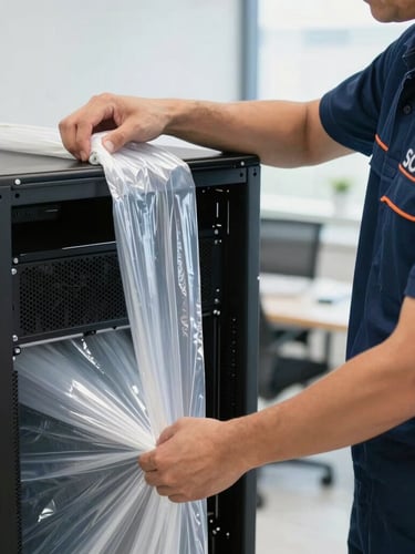 Crisp close-up of a professional mover in a clean navy uniform wrapping a server rack with protective anti-static stretch film inside a bright office, sharp focus, 35mm
