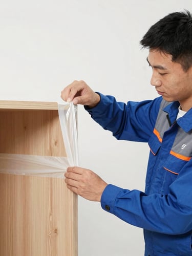 Professional uniform-clad crew member carefully wrapping a wooden cabinet corner with heavy-duty protective wrap, sharp focus, bright daylight, 35mm