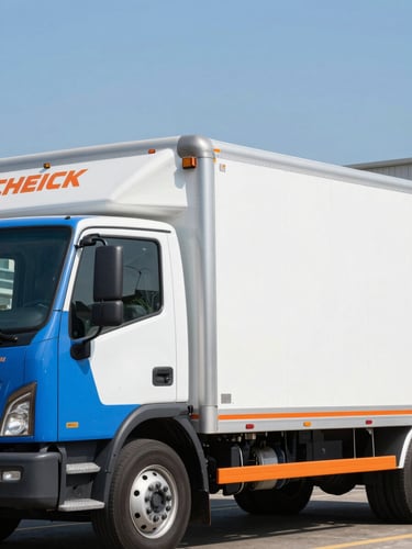 Crisp commercial photography of a clean blue and orange branded moving truck parked on a clear day, sharp focus, high detail.