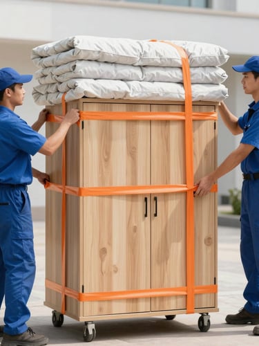 Professional moving crew in matching blue uniforms wrapping a large wooden cabinet in thick protective blankets and orange tension straps, sharp focus, bright daylight.