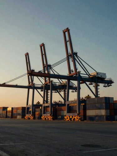 Wide cinematic long shot of Mundra port terminal at golden hour, massive container cranes towering over stacked blue and grey cargo containers, dramatic low-key lighting.