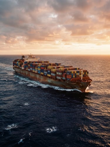 Cinematic wide-angle shot of a massive container ship loaded with colorful cargo containers navigating the open ocean at golden hour, deep navy water, 35mm film grain