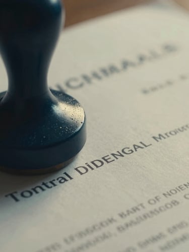 Macro close-up of an official customs stamp being pressed onto a crisp shipping document under clean office lighting, deep navy tones, high-contrast