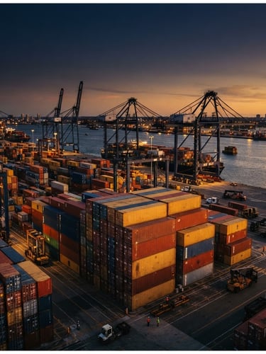 Cinematic editorial photography of a massive container terminal at golden hour, deep navy and steel tones, wide-angle lens, 35mm film grain, sharp focus on stacked containers.