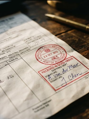 Macro close-up of an official shipping bill with red ink stamps and clean signatures under focused desk lighting, shallow depth of field, 35mm film grain.