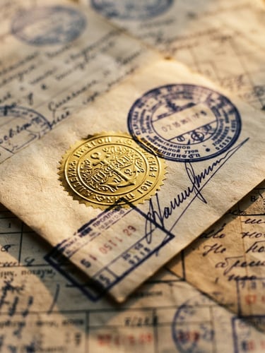 Macro close-up of official shipping documents, stamps, and signatures under clean office lighting, deep navy and gold tones, shallow depth of field