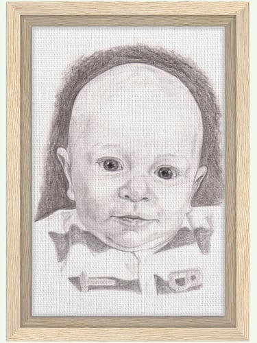 portrait de bébé au crayon graphite imprimé sur toile encadrée bois FSC
