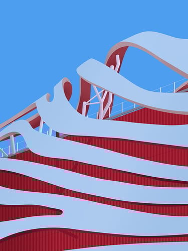 Petersen Automotive Museum in Los Angeles illustration (hyper-detailed vector art)