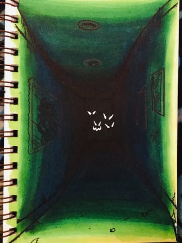 marker drawing on sketch pad of dark hallway with monsters.