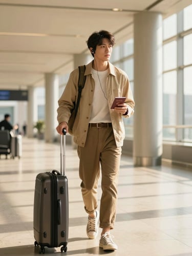 A stylish traveler walking hands-free through a modern, sunlit architectural terminal, holding a passport, with premium luggage standing nearby, warm golden tones, shallow depth of field, 35mm portrait