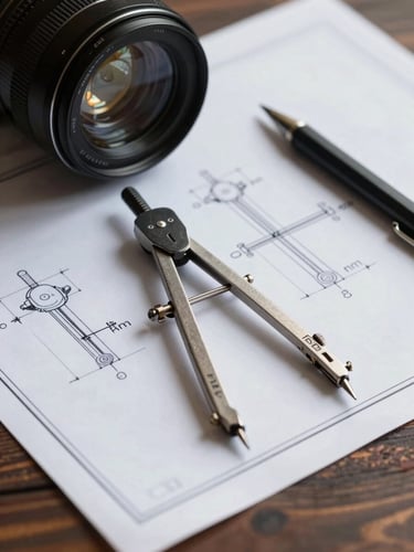 Close-up of technical blueprint on a dark wooden table, a metal safety compass and mechanical pencil, crisp technical studio lighting.