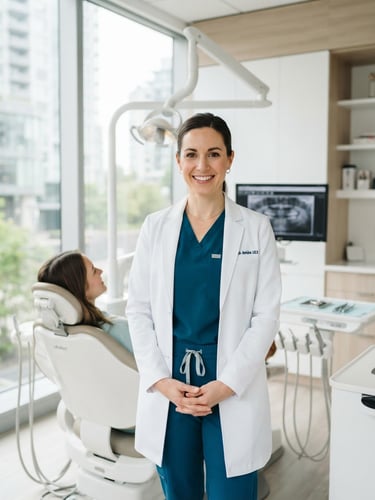 Bright commercial portrait of a dentist in a clean, modern clinic, natural window light, professional editorial style, 50mm