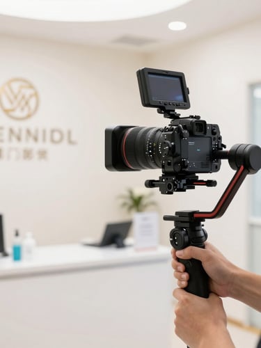 Dynamic action shot of a professional camera on a stabilizer filming a commercial scene inside a premium clinic, bright commercial lighting, sharp focus.