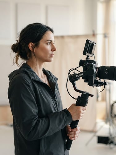 Cinematic side-profile portrait of a professional filmmaker holding a camera stabilizer, warm soft studio lighting, modern minimalist background, 50mm lens