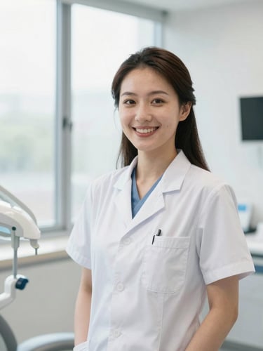 Professional portrait of a female clinician in a bright, modern dental office, smiling confidently, clean natural window light, sharp focus, 50mm.