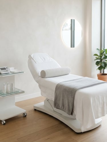 Bright commercial photography of a modern, clean aesthetic clinic treatment room, soft natural light, minimalist interior, sharp focus, 50mm, portrait orientation