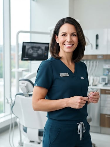 Bright commercial portrait of a professional dentist in a clean, high-end modern clinic, natural window light, sharp focus, 50mm editorial style.