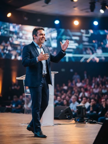 Vibrant corporate stage in Campinas with professional lighting, an expressive speaker gesturing during a presentation, sharp focus, clean composition.