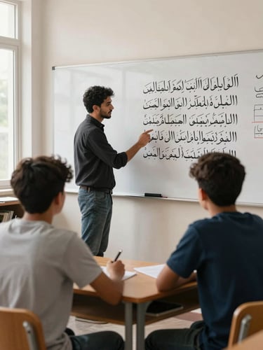 Wide environmental shot of a male teacher standing beside a large whiteboard bearing a handwritten Quranic verse in classical script, two teenage male students seated at desks in the foreground facing him, diffused natural light from a high window to the left, classroom shelves with books faintly visible on the right edge