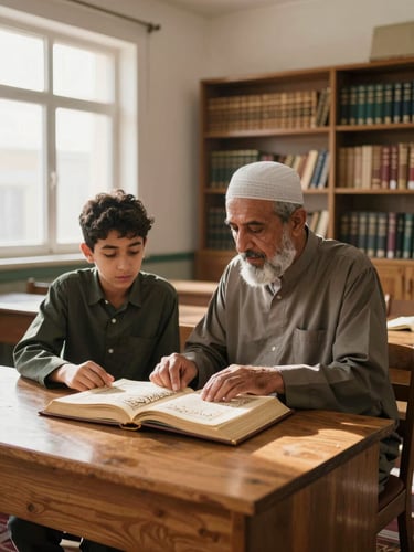 Wide environmental frame inside a bright Quranic classroom in Tabuk, a senior male instructor seated beside a student reviewing a Mushaf open on a wooden desk, warm natural daylight from a side window illuminating the pages, shelves of Islamic books visible in the background