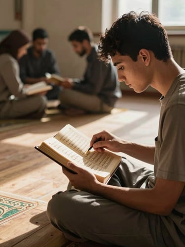 Close environmental frame of a young male student seated cross-legged holding an open mushaf on his lap, index finger tracing a line of Quranic text, warm natural window light from the upper right casting soft shadows, wooden floor visible beneath, blurred study circle in the background