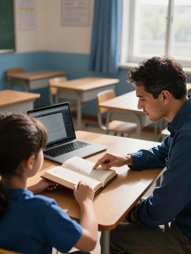 Wide environmental shot of a sunlit classroom interior, a qualified teacher seated across a desk from a young student holding an open Quran, natural window light streaming from the right side, the teacher pointing to a verse on the page, a laptop open nearby showing a digital session interface, warm indigo and wood tones, shallow depth of field