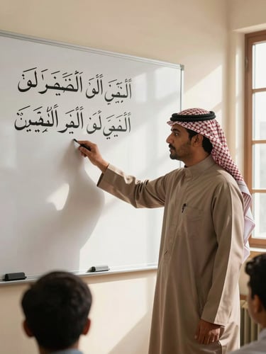 Close portrait frame inside a Quranic learning hall, a male teacher in traditional Saudi thobe pointing at an Arabic verse written on a whiteboard, warm natural window light falling from the right, students' heads slightly visible in the lower foreground, educational atmosphere