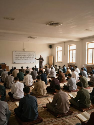 Wide environmental shot inside a Quran teaching hall in Tabuk — rows of students seated on floor cushions reading from open Mushafs, warm natural window light streaming from the right side, a qualified teacher standing at the front gesturing toward a whiteboard with Quranic verse. Framing shows the full room width with generous ceiling space, conveying an organized, welcoming learning environment.